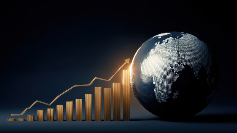 Educação e confiança: gráfico de crescimento econômico ao lado de um globo terrestre