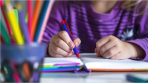 PoliSaber, Educação Inclusiva 23 Criança escrevendo em caderno, ilustrando os resultados do PISA 2025 no Brasil sobre aprendizagem